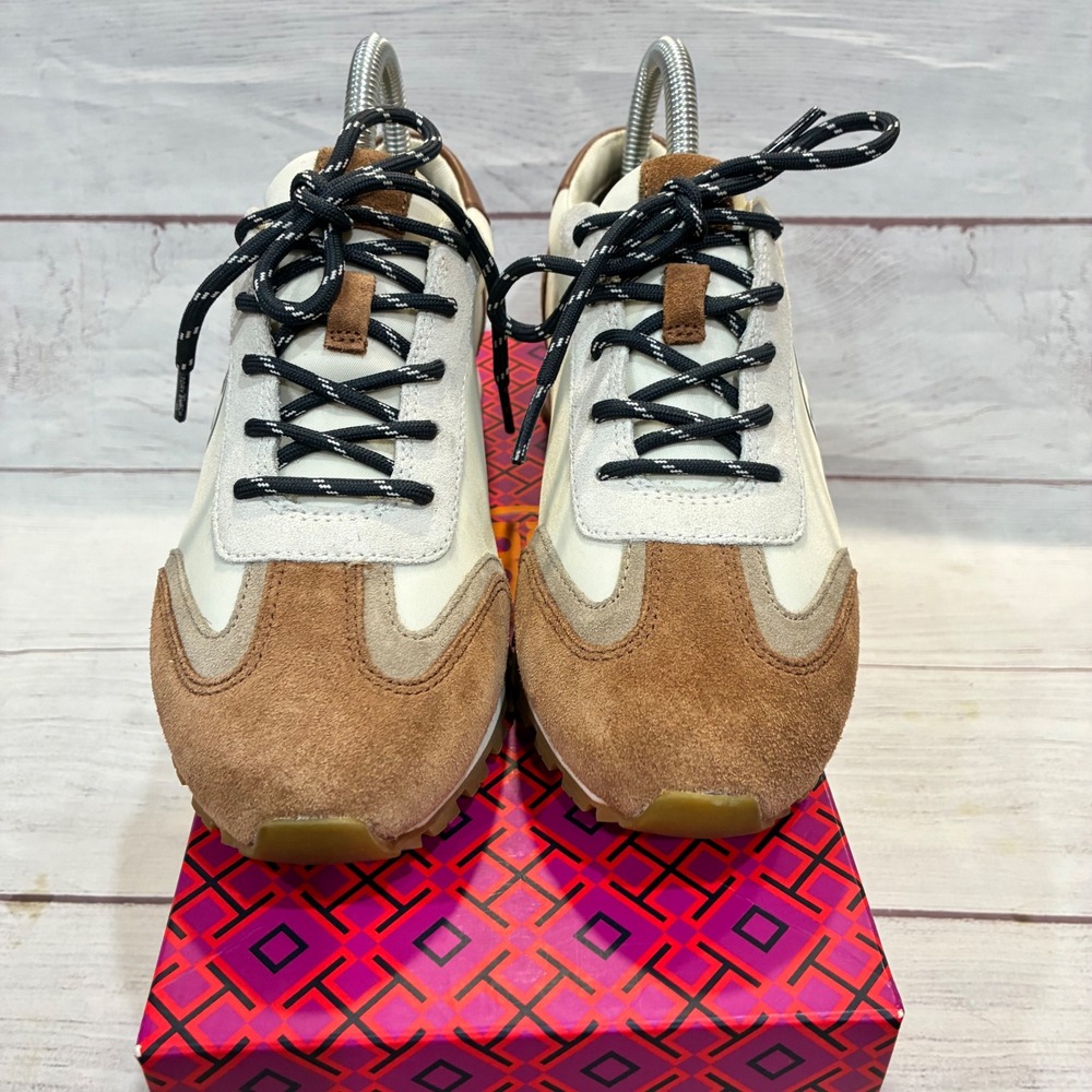Tory Burch Annie Nylon Runner Sneakers Womens 7.5 Cream Brown Suede Logo - Picture 2 of 8